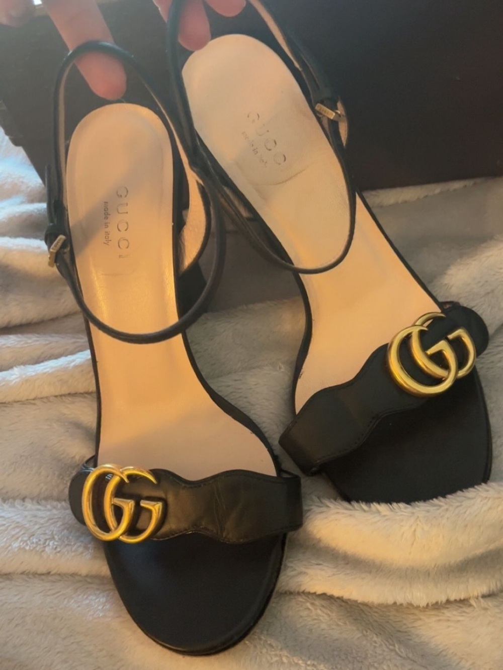 Gucci Black Leather Block Heel Sandals with Gold Double G Accent
